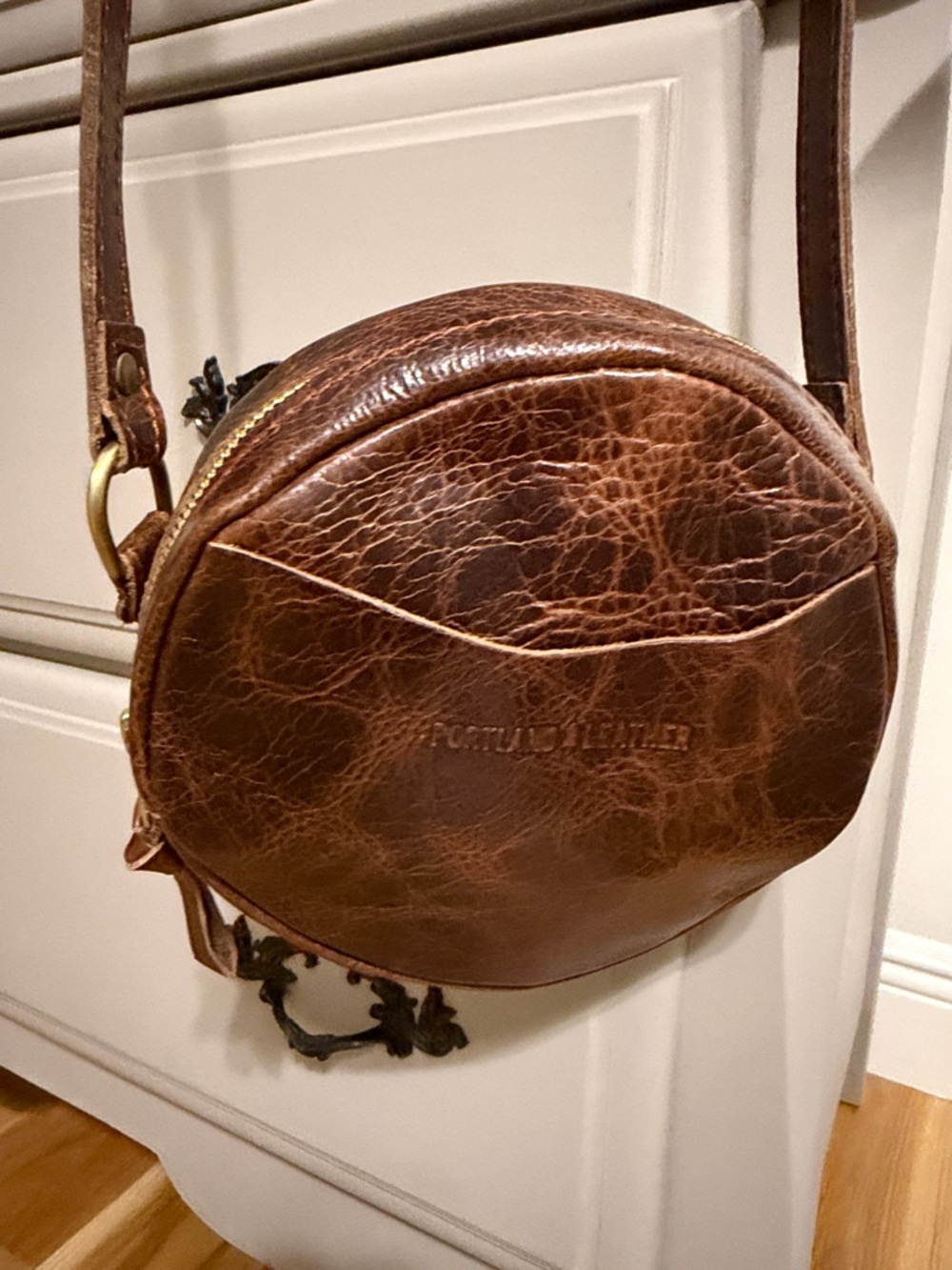 Portland Leather Goods Genuine Brown Leather Round Crossbody Bag